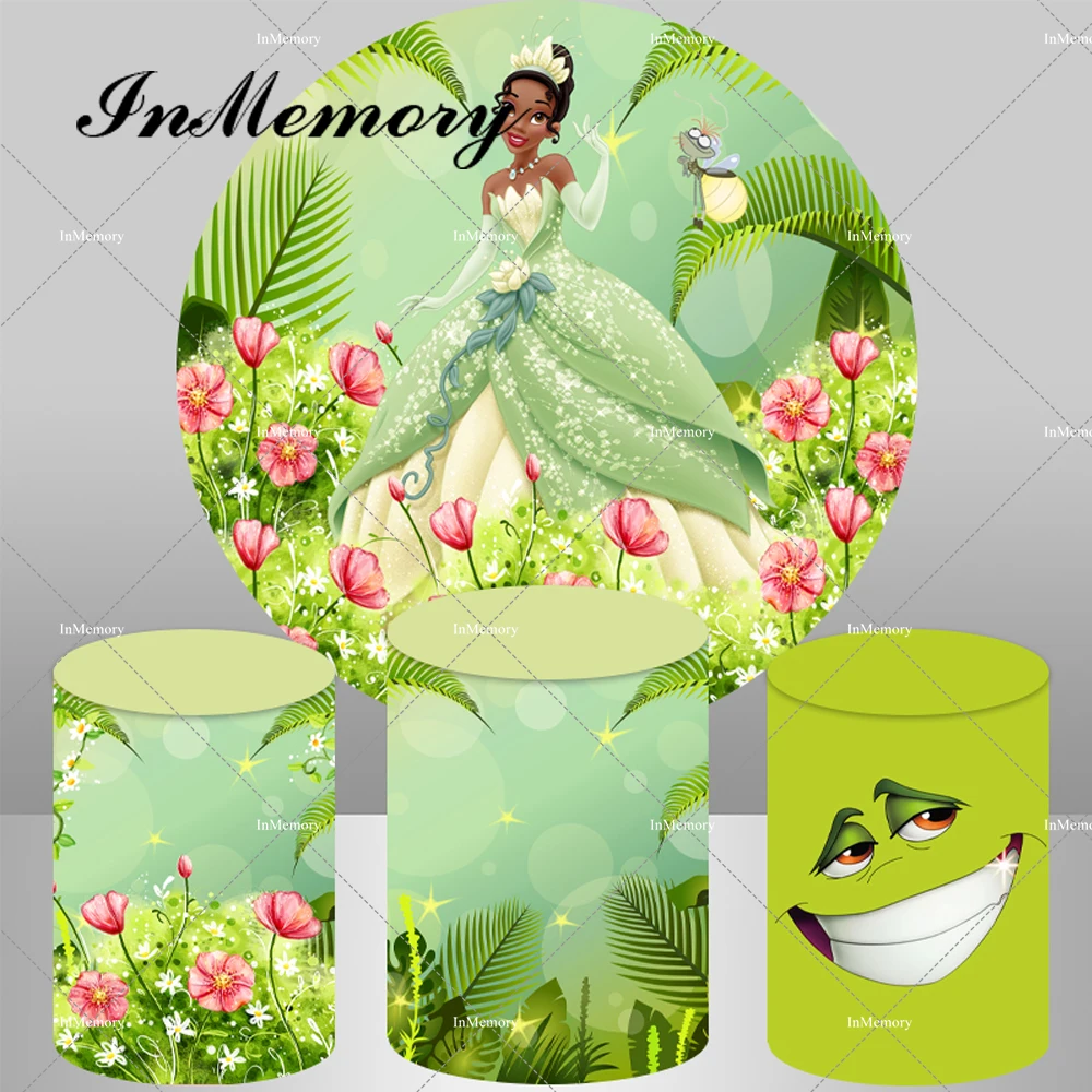 

Princess Tiana and the frog Circle Round Backdrop Green Girls Baby Shower Birthday Party Photography Backgrounds Cylinder Covers