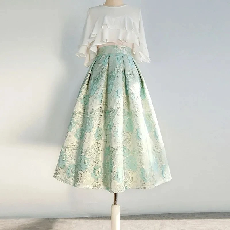 

Women's Embroidered Jacquard Fluffy Skirt 2024 Spring Summer New High Waist Slimming High End Skirt Sweet Pocket Fresh Bottoms