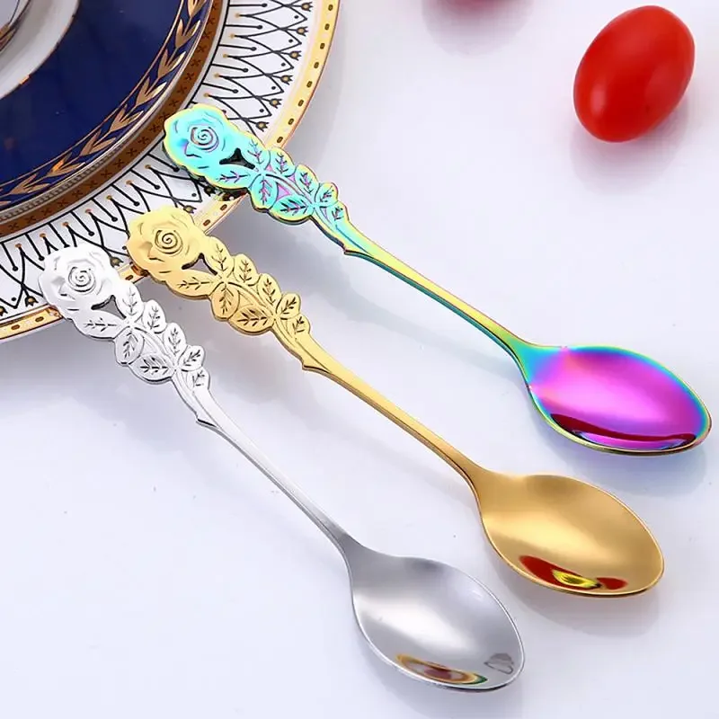 Tea Spoon Long Handle Coffee Scoop Plated Rose Teaspoon Ice Cream Dessert Spoons Sugar Stiring Spoon Kitchen Accessories