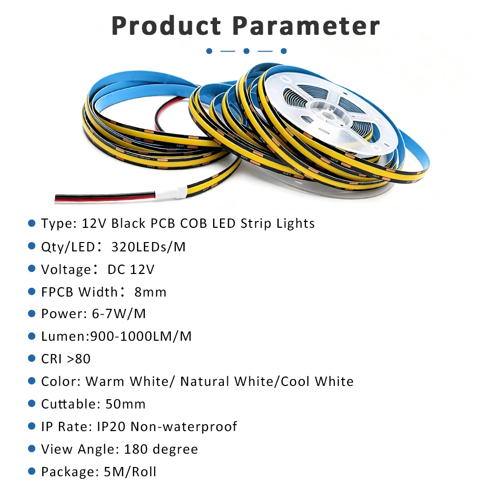 12V COB LED Strip Light 320LEDs/m Black PCB Tape Lamp 3000K 4000K 6500K Linear Dimmable Lighting for TV Background Wall Decor