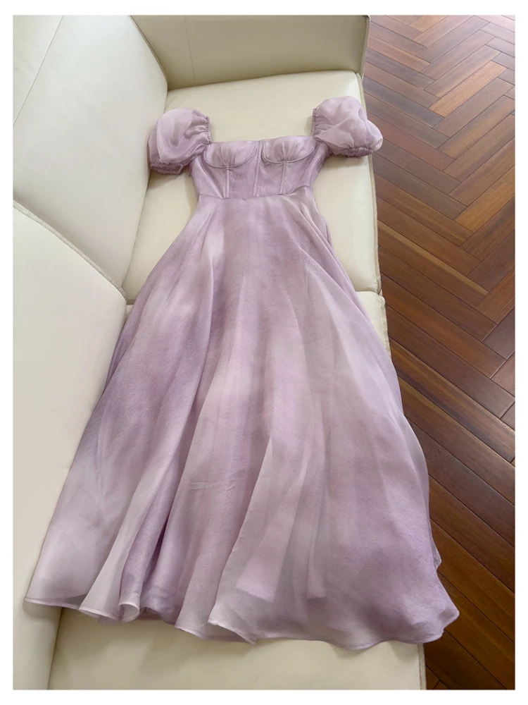 Ele Purple Dr Vintage Square Collar Bubble Sve Design Sensation Tie Thousand Gold Wind Holiday Dr