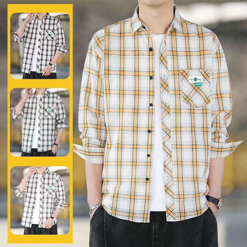 

Свободная удобная рубашка в клетку с длинным рукавом для мужчин, весна-осень, модная повседневная верхняя одежда, молодежная, из смесового полиэстера