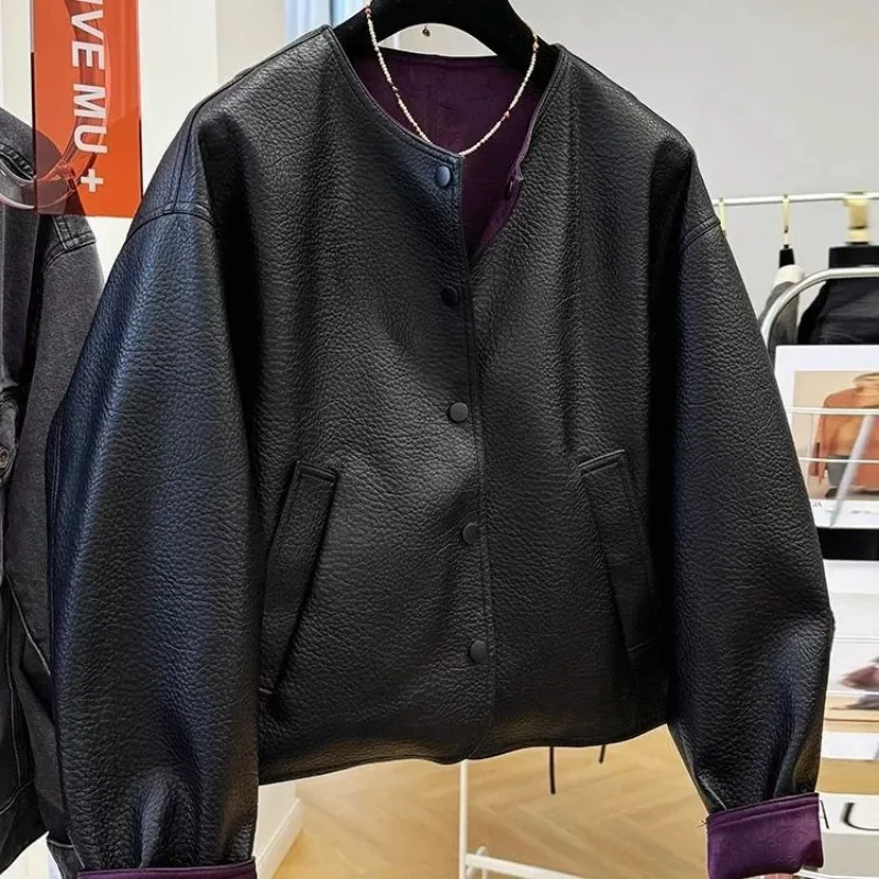 Luxury High-end Patchwork Leather Jacket Women's Spring Autumn PU Leather Coat Vintage O-neck Button Outerwear Long-sleeved Top