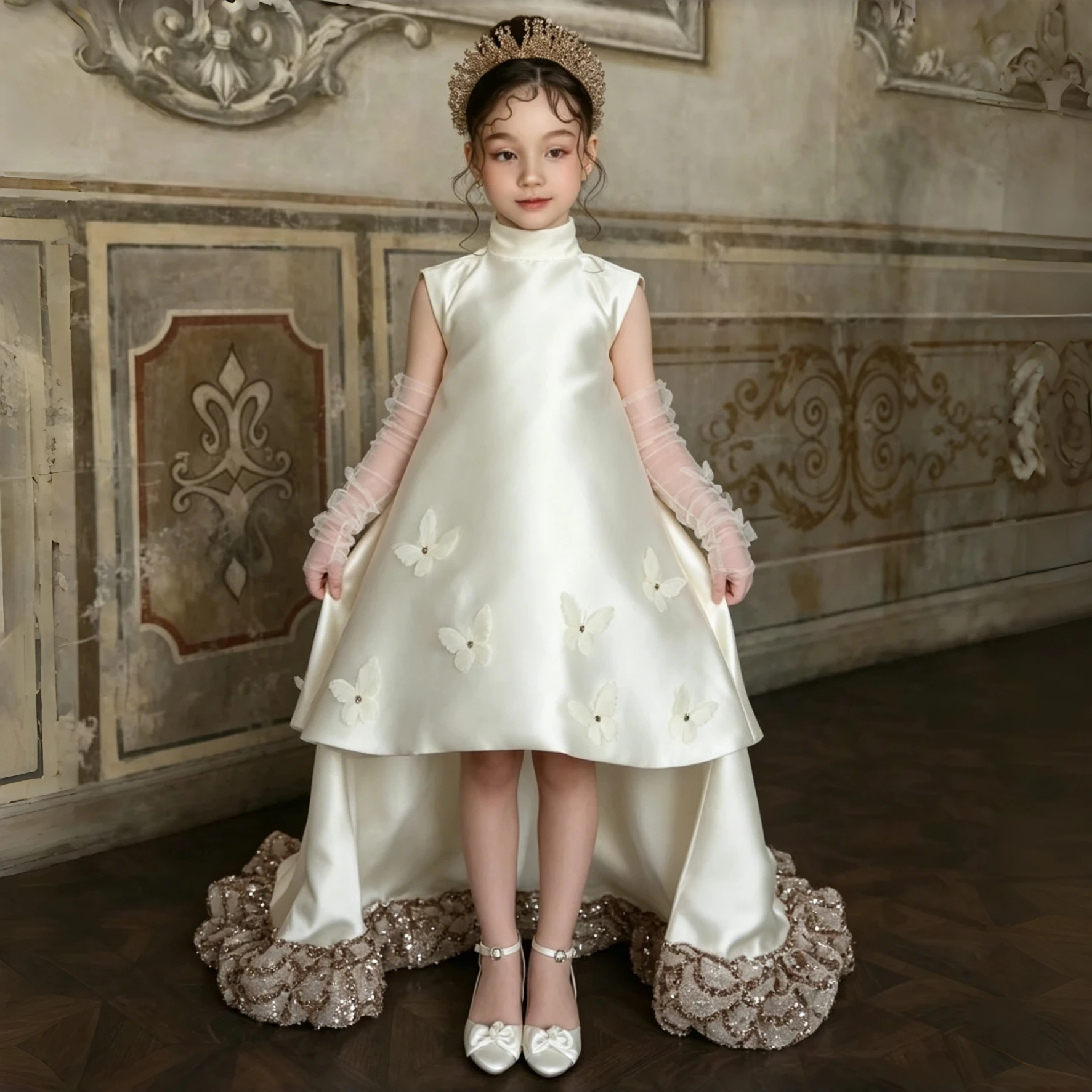 High-end Luxury Satin Flower Girl Dress High-neck Train Beaded Wedding Flower Girl Dress Communion Birthday Pageant Photo Outfit