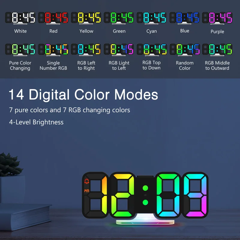 3D LED Digital Clock 9.7'' RGB Alarm Clock large Wall Clock Night Light with Remote Control for Bedroom/Office