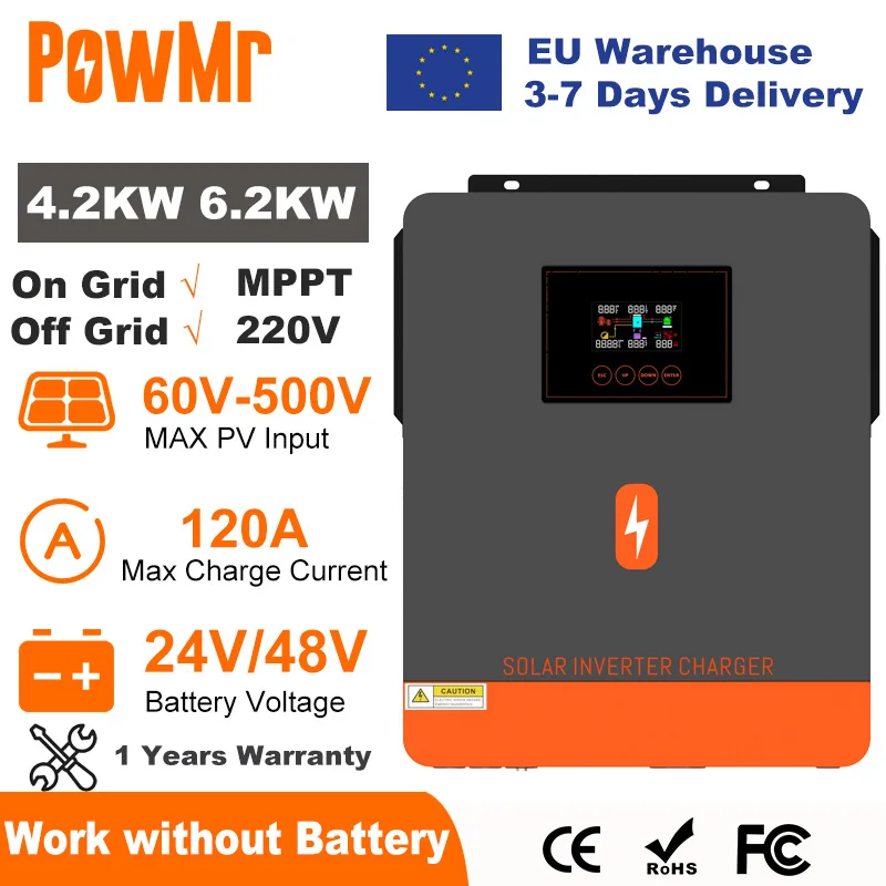 Powmr 6.2kw 4.2kw Inversor Solar Híbrido na Rede Inversor de Onda Senoidal Pura 24v 48v 230v Saída Dupla com Carregador Solar Mppt 120a