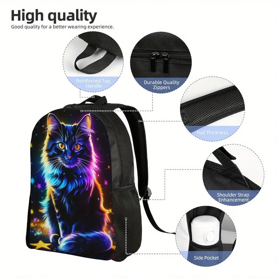 

Neon Cat Print Backpack Large Capacity Laptop Bag For Women Durable Polyester With Padded Straps