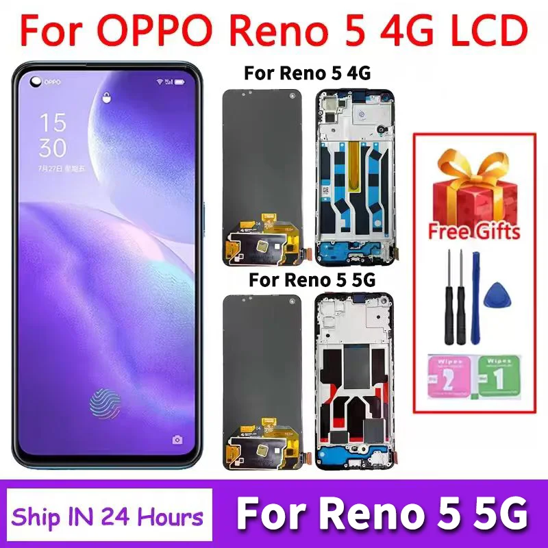 Nowy wyświetlacz LCD z ekranem dotykowym i digitizerem do Oppo Reno 5 4G CPH2159, pasuje również do Oppo Reno5 5G PEGM00, PEGT00, CPH2145 LCD