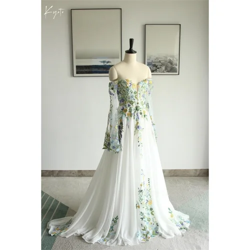 Imagen 1 del producto Kyoto-vestido de novia personalizado con mangas acampanadas, bordado de flores, elegante, con hombros descubiertos, corte en A, color blanco