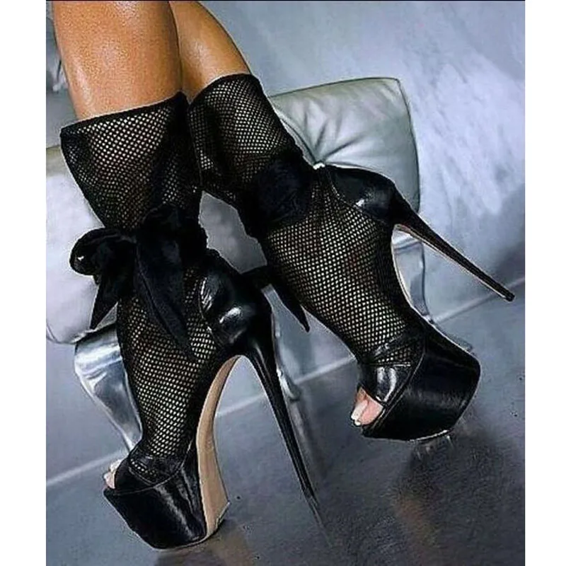 

Sexy Lace Mesh Bowtie Bandage Ankle Boot Peep Toe High Platform Stiletto Heels Women High Heels Ankle Bowtie Stage Summer Boots