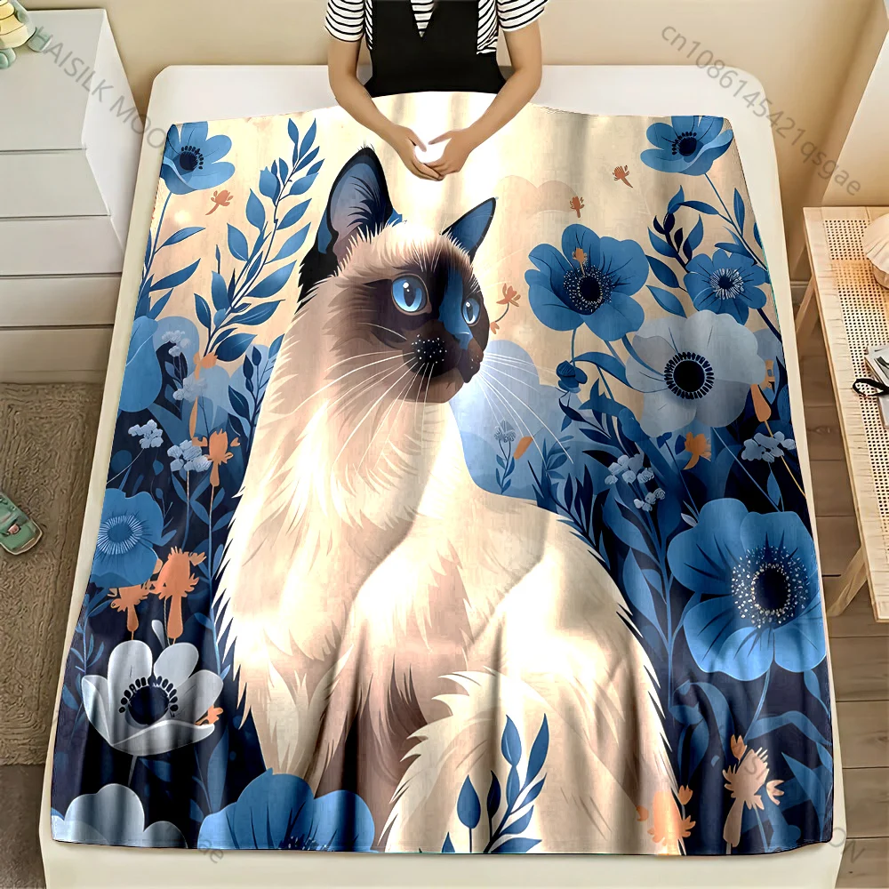 1PC Siamese Cat and Flowers Print Blanket Warm Soft Luxury Gifts for Children Adults Suitable for Home Sofa Bed Travel RV - view 2