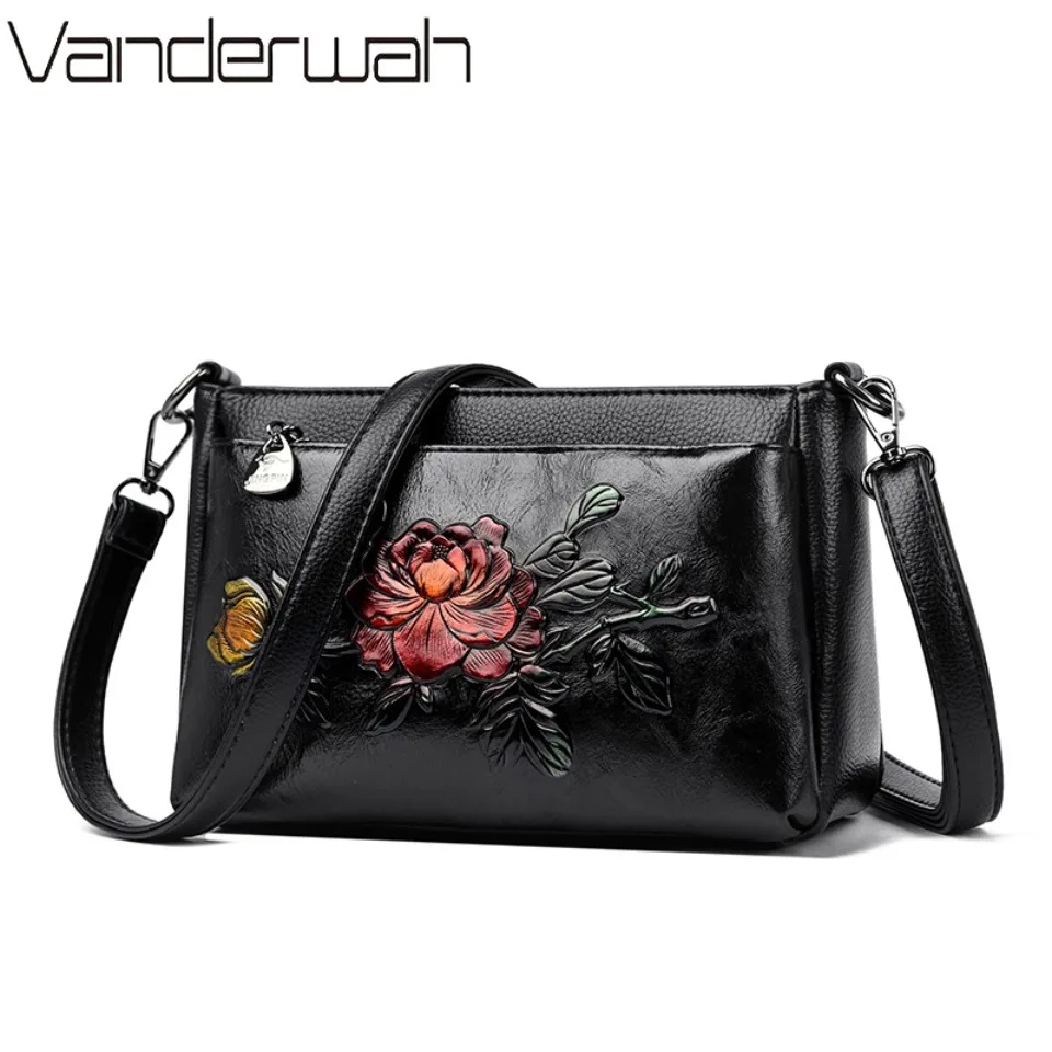 Genuine Brand Top Quality Pu Leather Vintage 3D Floral Embossed Crossbody Bag Elegant Shoulder Bag Casual Female Messenger Bag
