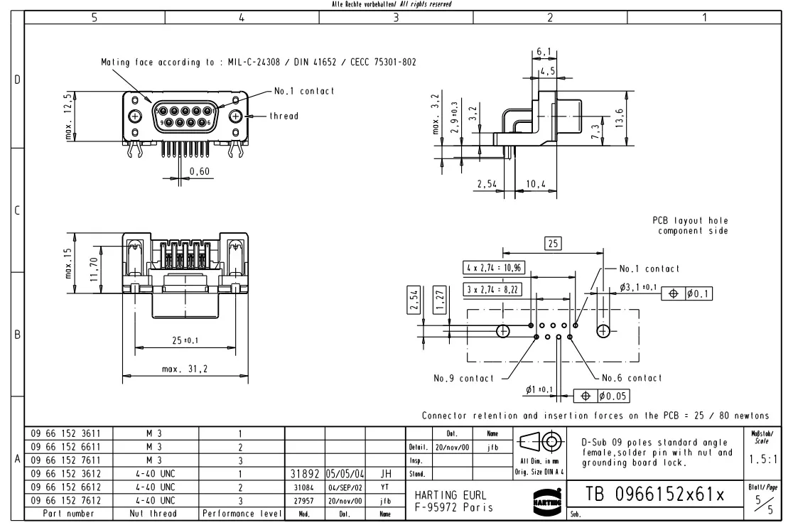 09661526611 HARTING D-Sub 1 6.5A9-pin female connector with grounding pin