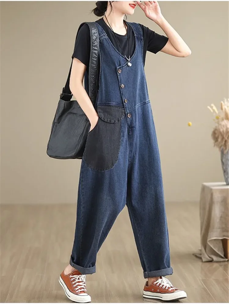 Woman Spring Literary Vintage Loose Denim Overalls Streetwear Straight Patchwork Pockets Washing Contrast Sleeveless Jumpsuit