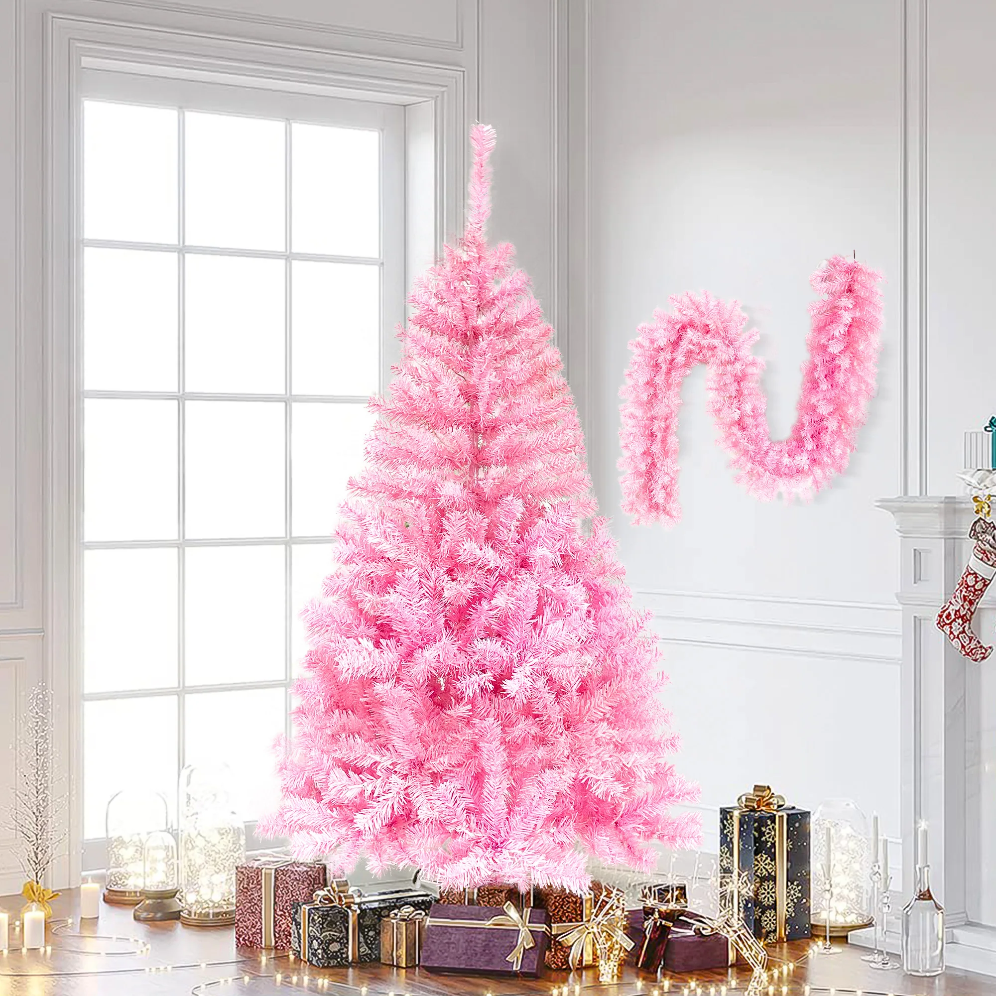 1.5m Glow Pink Christmas Tree with 6FT Garland X-mas and Pre-Installed LED Lights New Year Christmas Home Decoration