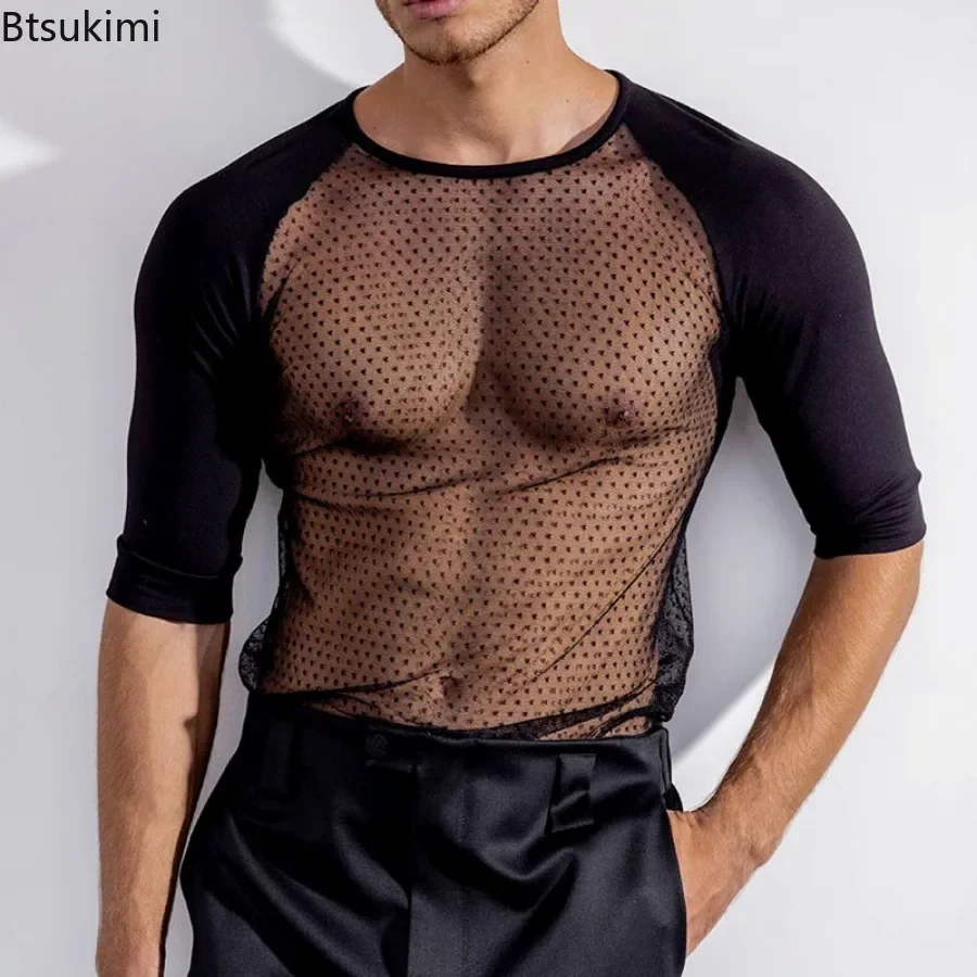 2024 Trend Party Nightclubs Style Tops Men\'s See-through Short Sleeve Patchwork T-shirts Sexy Mesh Thin Transparent Tees for Men