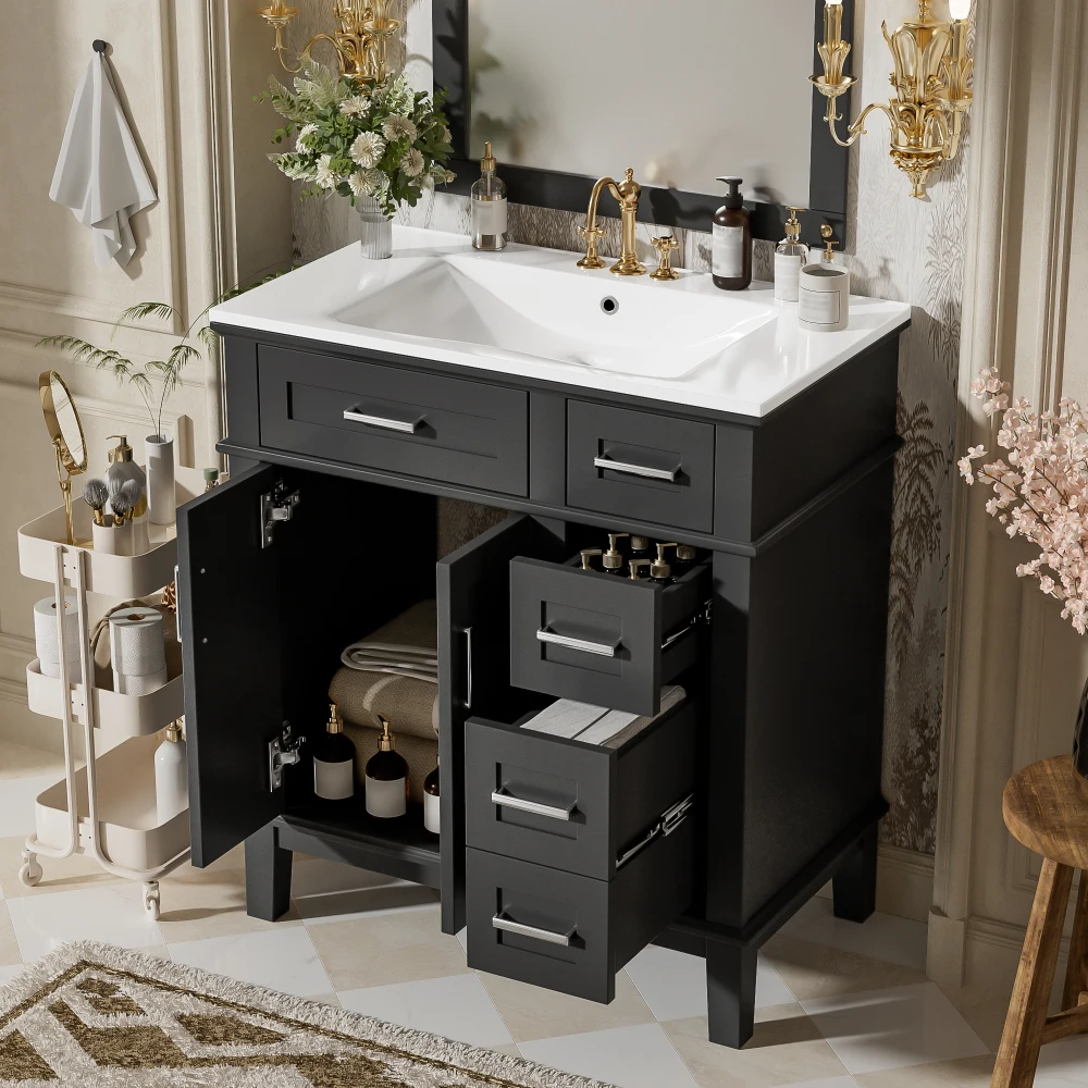 

Тумба под раковину 30 дюймов с керамической раковиной, современная (с плавно закрывающимися дверцами, глубокими и стандартными ящиками) для небольших ванных комнат