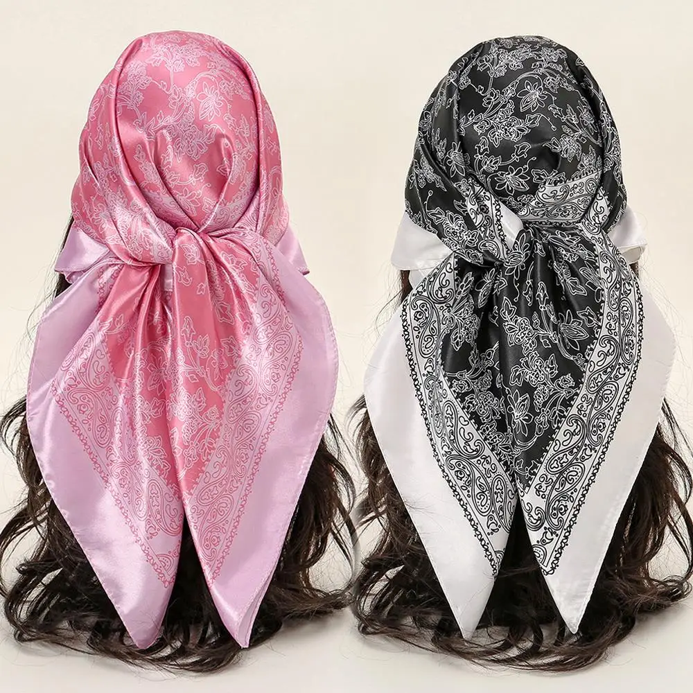 

Vintage Style Sunscreen Headscarf Silk Feeling Satin Shawl Wraps 90*90cm Printed Square Scarf Thin Smooth Neck Scarf Bag Ribbon