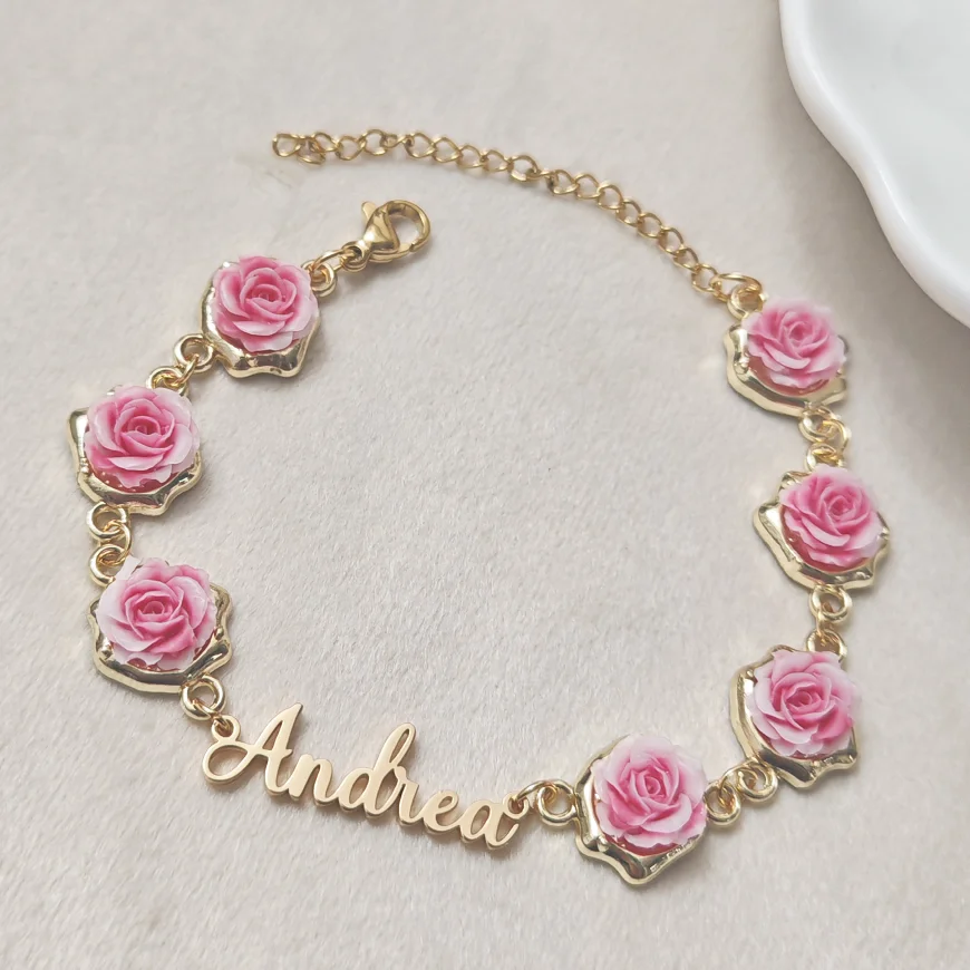 Customized Name Rose Pendant Bracelet Women's and Girls' Jewelry Stainless Steel Personalized Nameplate Bracelet Best Friend Gif