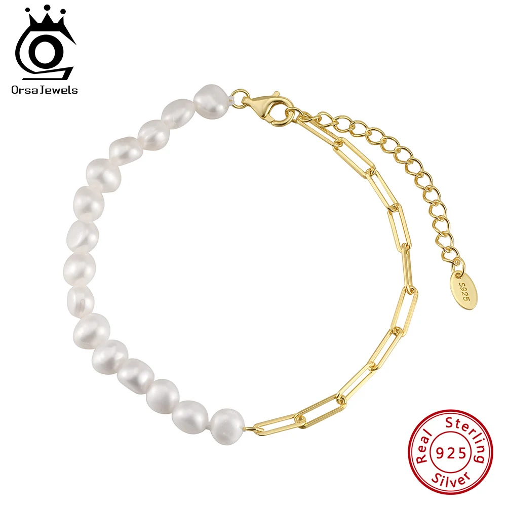 

ORSA JEWELS Freshwater Baroque Pearls Beads Chain Bracelet with Paperclip Chain 925 Sterling Silver Pearls Hand Bracelet GPB01