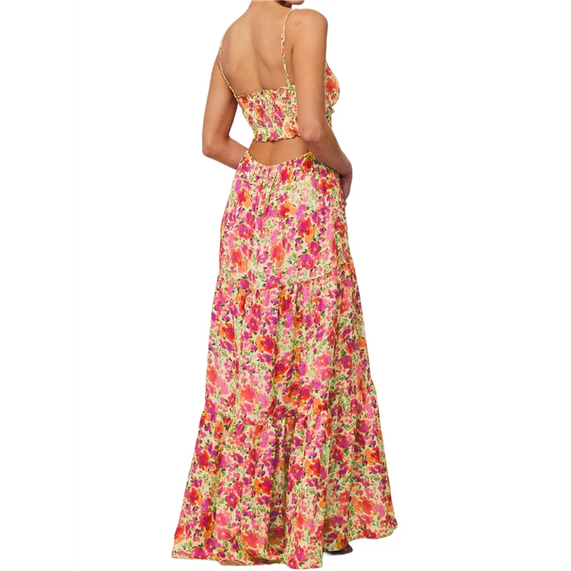 ABP-Abito estivo floreale per donna Senza spalline Scavato con cravatta sul davanti Abito lungo Flowy Smocked Bohemia-Abito
