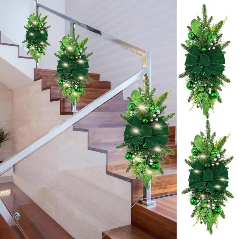 

Christmas Staircase Garland with Lights Battery Operated Artificial Faux Pine Cones Leaf wreath Green Balls Simulated Pearl gift