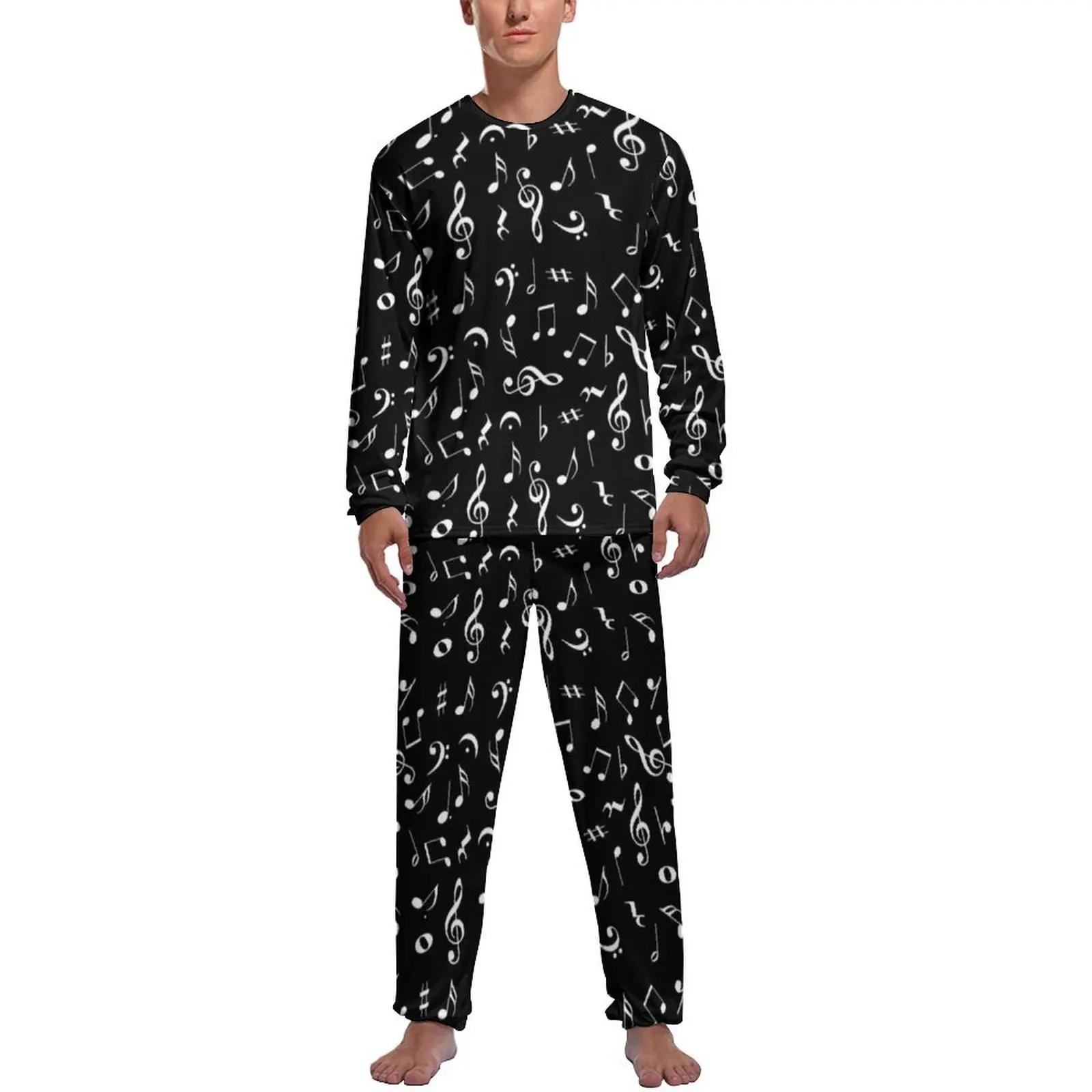 

White Music Notes Pajamas Long Sleeves Note Worthy Print Two Piece Leisure Pajama Sets Spring Man Design Fashion Home Suit