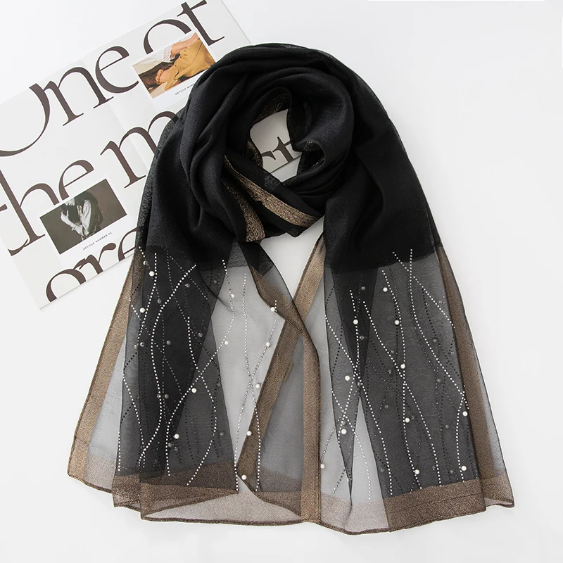 Fashion Shimmer Pearls Striped Hijab Scarf Classic Shawl Design Long Muslim Women Smooth Soft Underscarf Hijabs