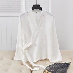 Chinese Style Cotton Linen Meditation Hanfu Lace-up Cardigan V-neck Long Sleeve Jacket Vintage Spring Autumn Women's Clothing