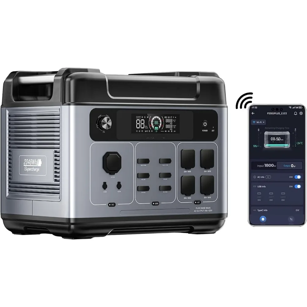 

P2001 Plus 2400W Power Station(Peak 5000W), 2048Wh Solar Generator with 4XAC Outlets 1.5Hrs Fast Full Charging APP Control