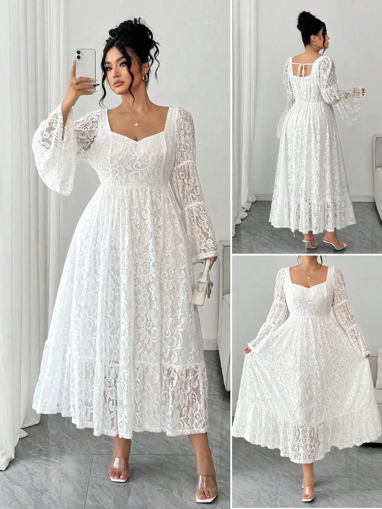 

Белое кружевное платье миди с квадратным вырезом и расклешенными рукавами для элегантных мероприятий