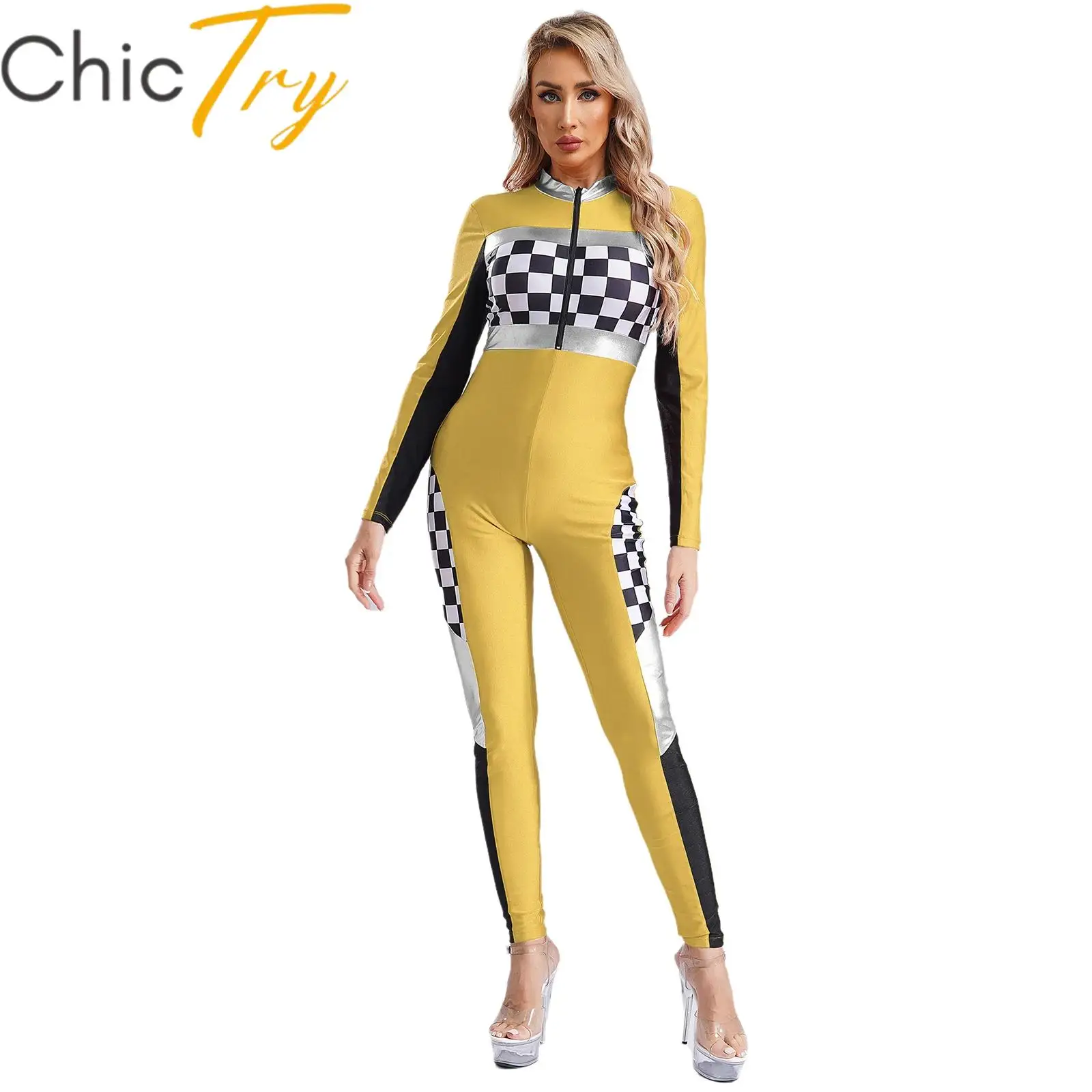 

Womens Car Racer Driver Costume Checkerboard Racing Cosplay Party Jumpsuit Long Sleeve Plaid Romper Halloween Carnival Dress Up