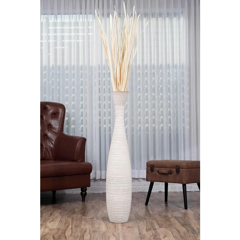 Wooden 43 inches Tall Farmhouse Decor Flower Holder -White Wash Home Decor Floor Vase  for Fake Plant and Pampas
