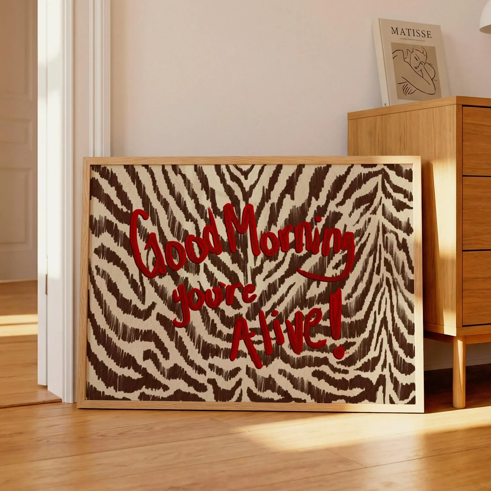 Affiche avec citation « Bonjour, tu es vivant », motif zèbre, peinture sur toile, art mural esthétique moderne sans cadre pour la décoration de la maison et du bureau