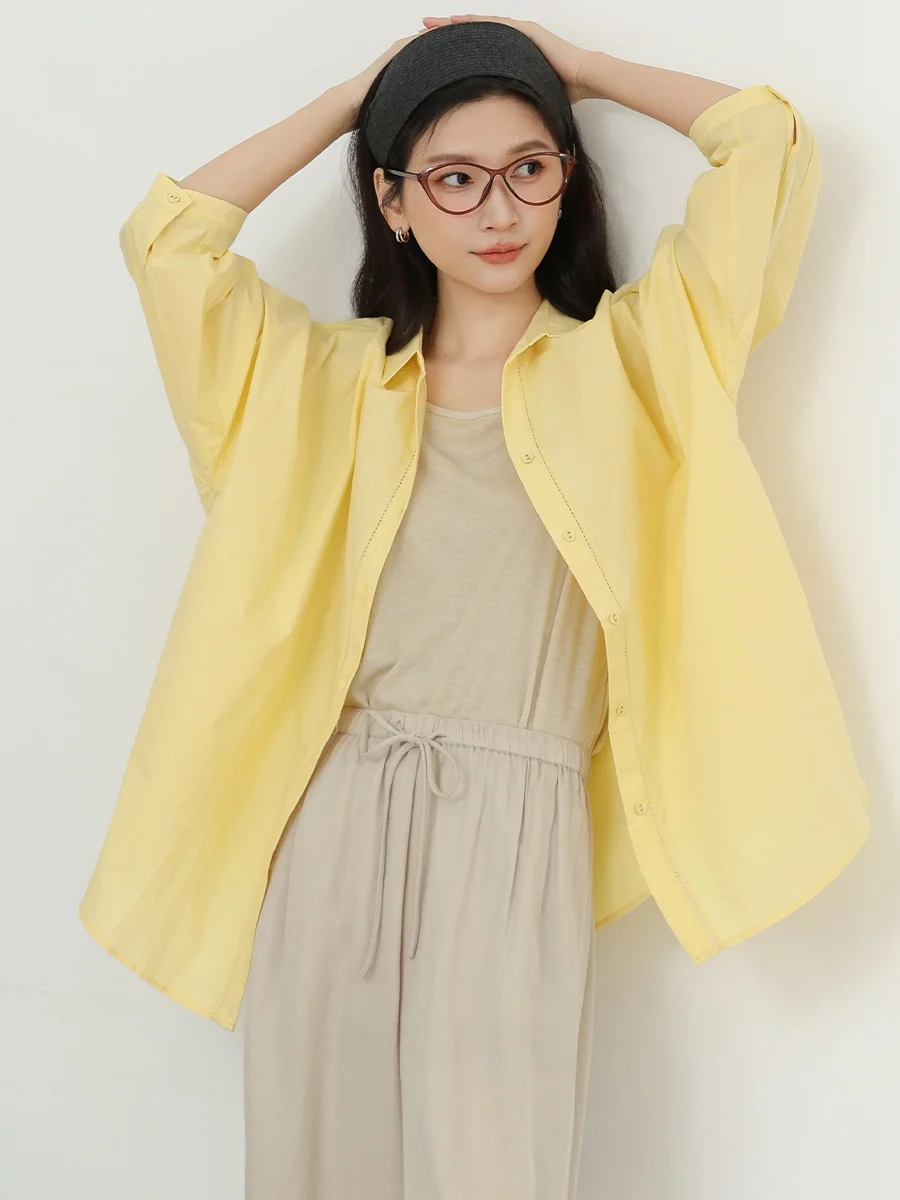 

DianThia Pure Cotton Nine-Quarter Sve irt Women's Loose Outerwear Korean Sle Yellow Button-Up Casual Office Wear