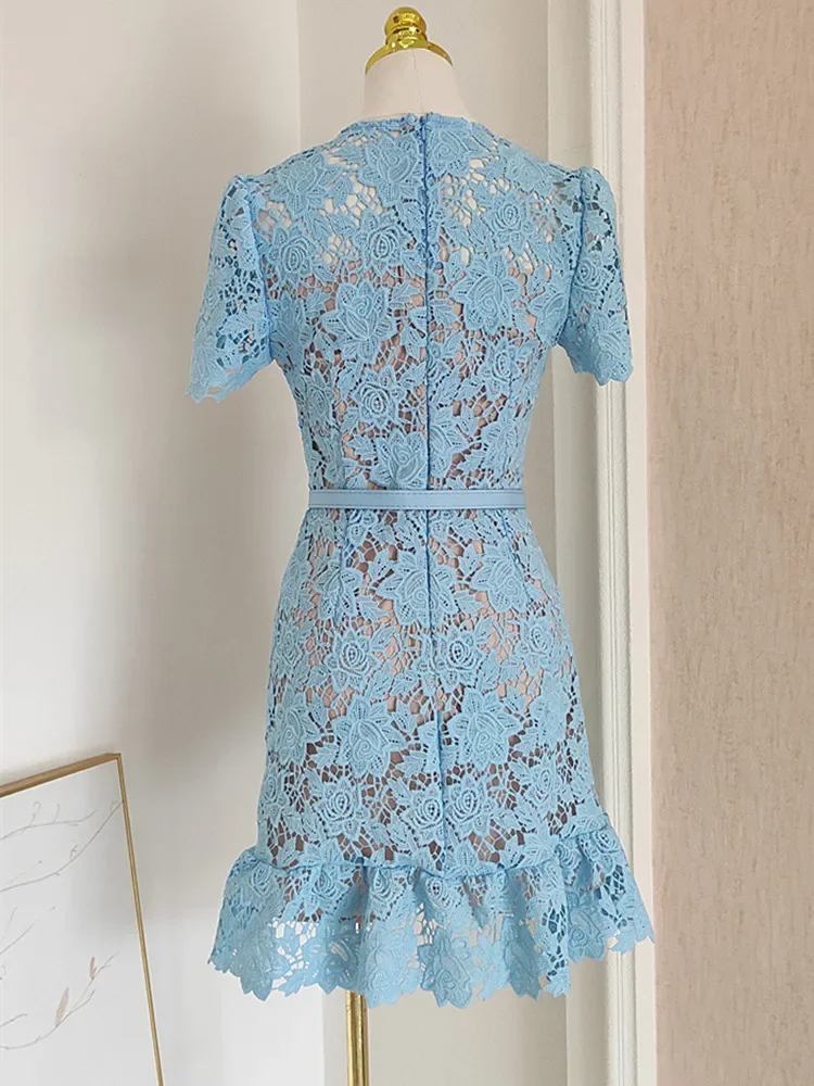 Summer New Light Blue Hollow Out Floral Women Lace Mini Dress Short Sleeve O-neck Diamond Buttons Lady Party Dress - AliExpress 200000345 Summer New Light Blue Hollow Out Floral Women Lace Mini Dress Short Sleeve O-neck Diamond Buttons Lady Party Dress - AliExpress 200000345