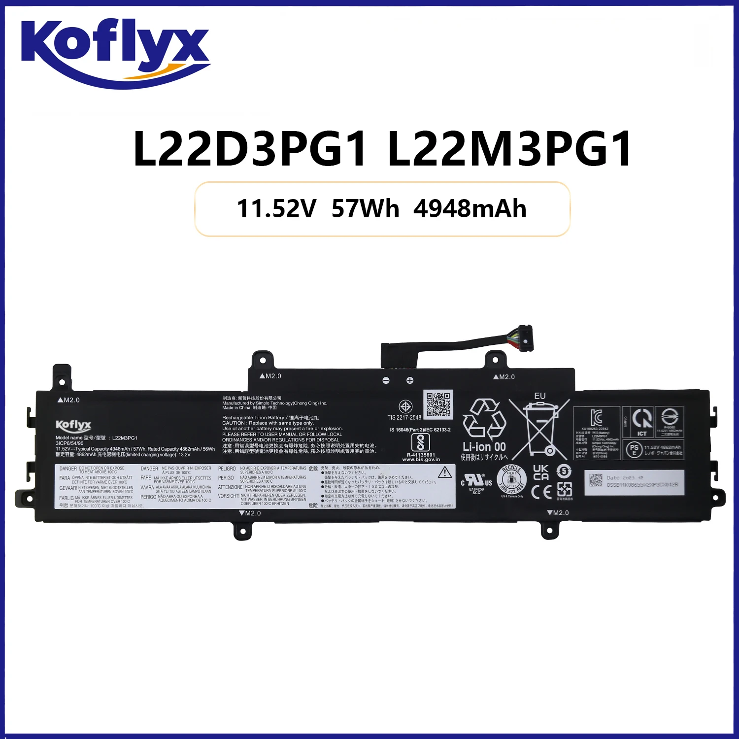 

Koflyx new laptop battery for Lenovo IP Slim 3 Chrome 14IAN8 / 14e Chromebook Gen3 L22D3PG1 L22M3PG1