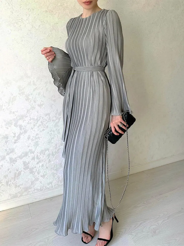 GACVGA Ruffled Lace-Up Maxi Dress For Women Autumn Flare Sleeve Bandage Fashion High Waist Elegant Party Pleated Long Dress