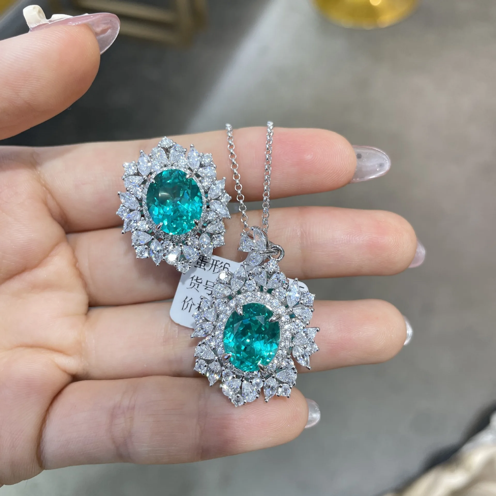 Luxury Lab-Grown Paraiba Gemstone Jewelry Set Premium Oval Cut Halo Pendant Necklace Earrings Ring Fine Bridal Jewelry