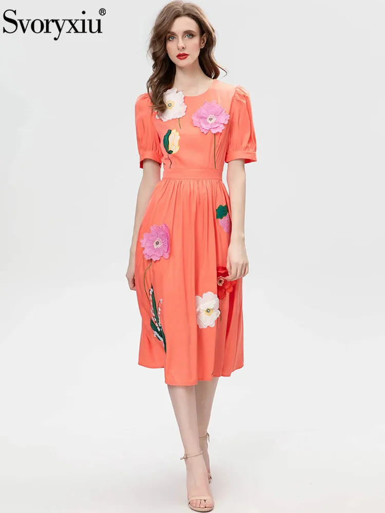 

Svoryxiu Fashion Designer Autumn Party Orange A-Line Midi Dress Women's O-Neck Appliques Floral Embroidery High Waist Dresss