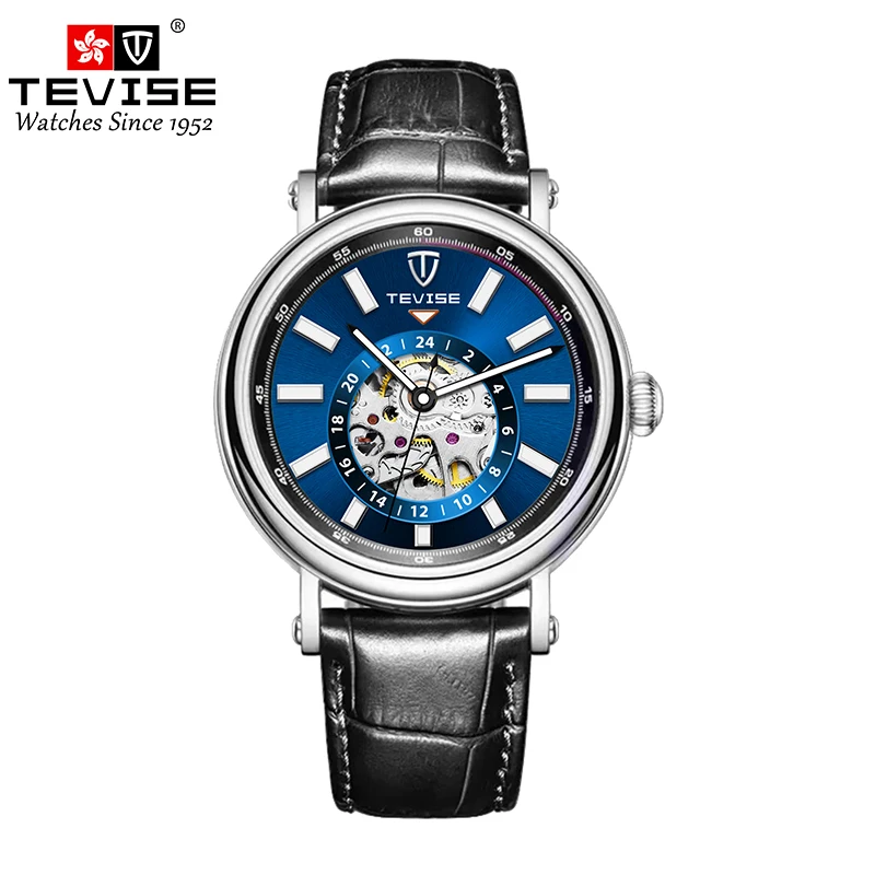 TEVISE Mechanical Watch Men Automatic Watch Leather Strap Luminous Skeleton Watch Causal Business Watch