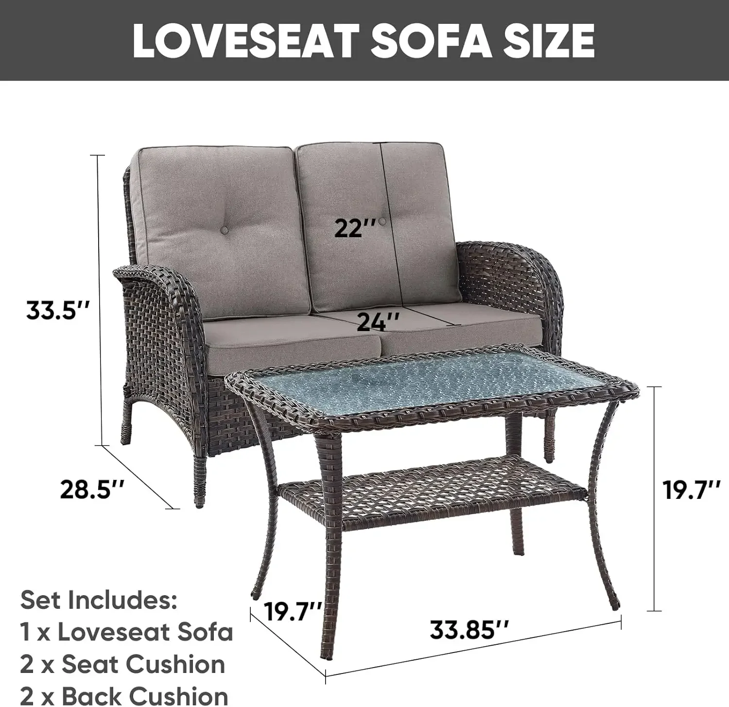 Sofá loveseat ao ar livre Sofá de vime PE de 2 lugares com mesa de centro, mobília de pátio com encosto alto e assento profundo (cinza)