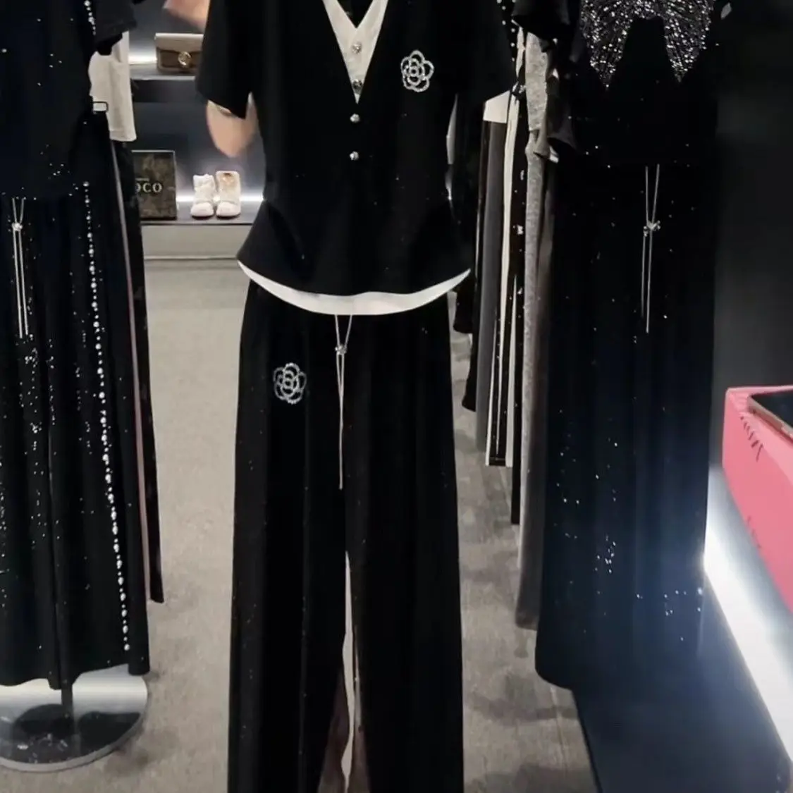 Lazer esportes terno feminino verão com decote em v manga curta topo de cintura alta calças de perna reta conjunto de duas peças