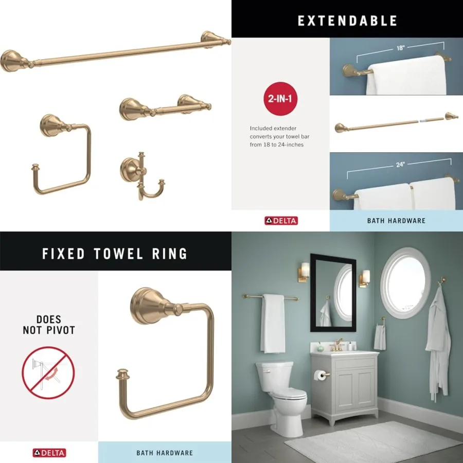 

Mylan 4-Piece Bathroom Set Champagne Bronze 18" Towel Rack, Toilet Paper Holder, Hand Towel Holder, Hook Bathroom Accessory Set