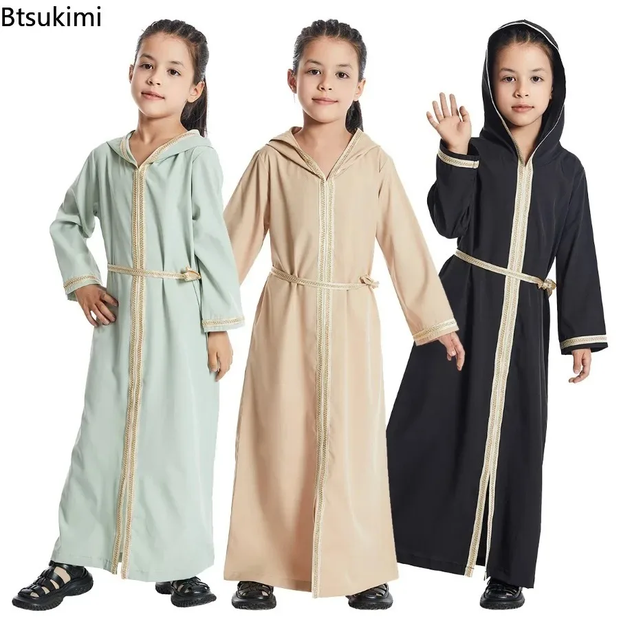 

2026 Muslim Girls Abayas Plain Kids Prayer Hooded Maxi Dress Dubai Turkey Kaftan Robe Islamic Clothing Morocco Eid Ramadan Gown