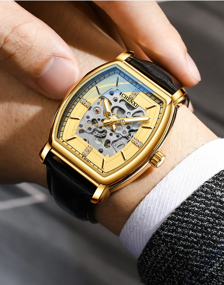 

Мужские механические часы в форме винной бочки, полностью автоматические, с настоящим кожаным ремешком, полые, светящиеся, водонепроницаемые