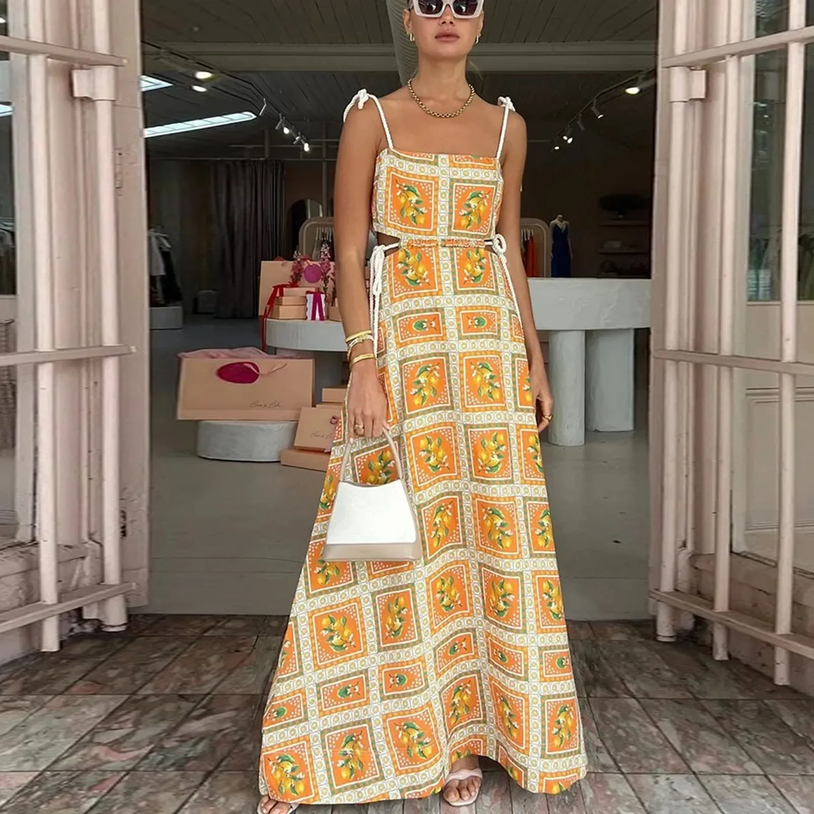 Women Lacing-up Dress Fashion Waist Cut-out Orange Print Square Neck Sleeveless Backless Flowy Cami Long Dresses