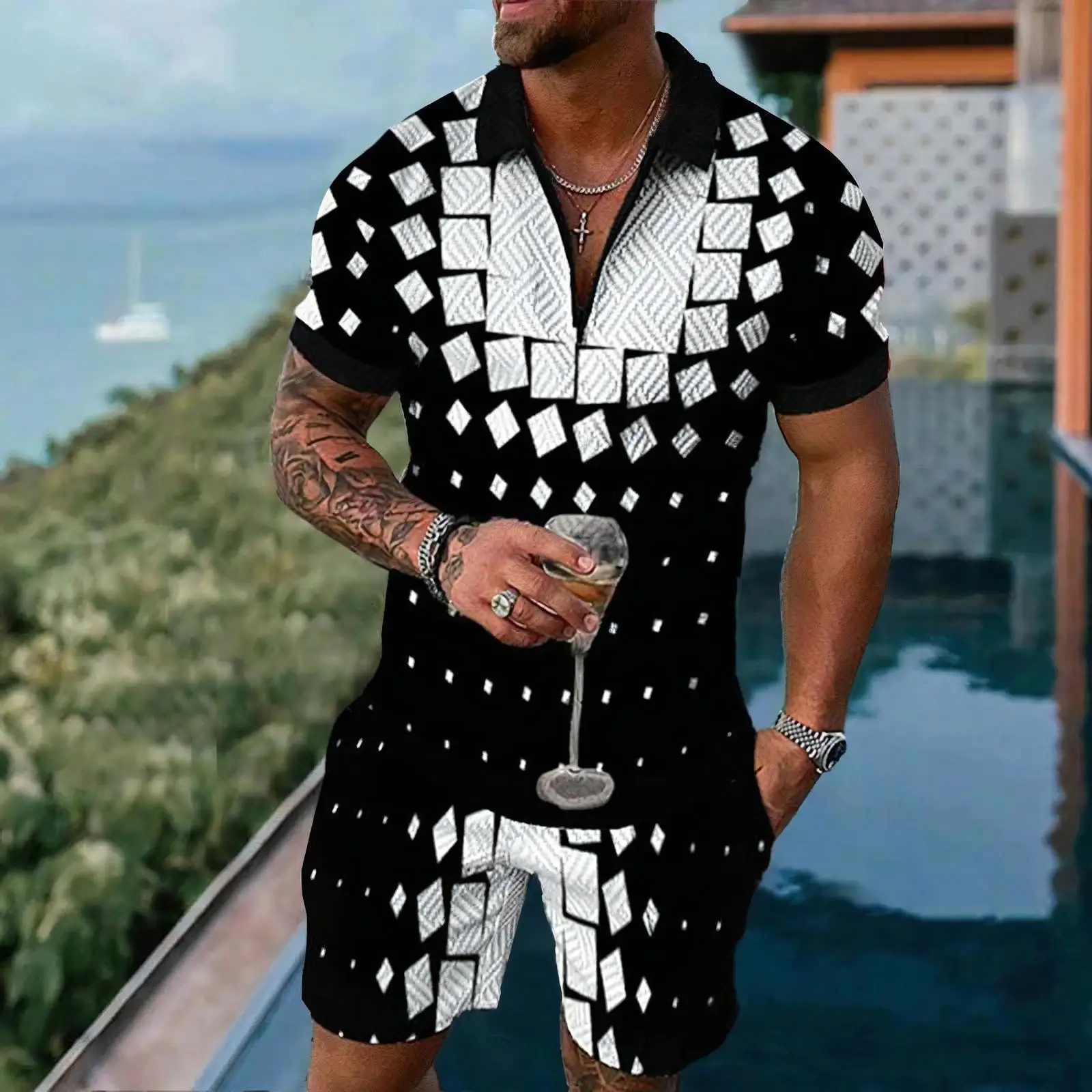 

New White Plaid Graphic Men's Polo Shirt Sets Casual Zipper Shirts+Shorts Sportswear Golf Stand Collar Tops Suits Male Clothing