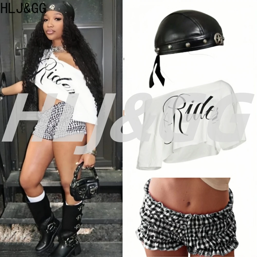

HLJ&GG White Fashion Y2K Letter Print Two Piece Sets Women One Shoulder Loose Crop Top And Plaid Ruched Shorts Outfit Streetwear