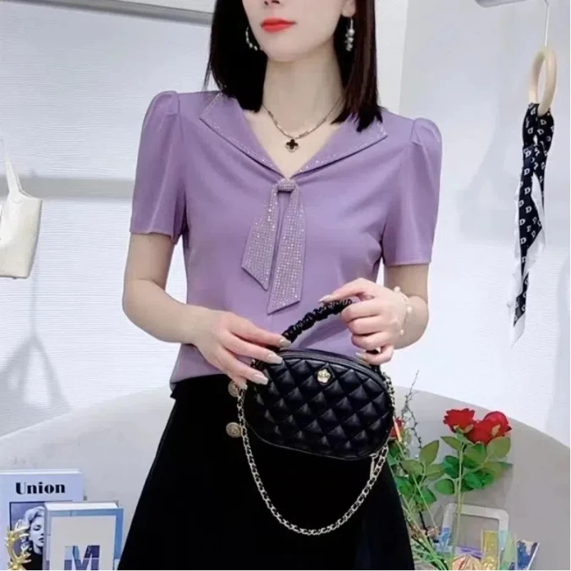 

2024 Summer New Preppy Style Sweet Women's Spliced Bow Diamonds Sailor Collar Solid Color Short Sleeve Commute Slim T-shirt Tops